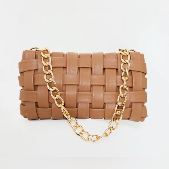 PrettyLittleThing Handbags - Pretty Little Thing Tan Oversized Weave with Gold Chain Shoulder Bag